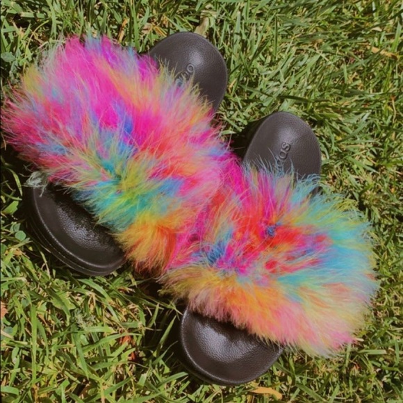 Rainbow Fur Slippers / Fuzzy Slides (Black) - Picture 4 of 10
